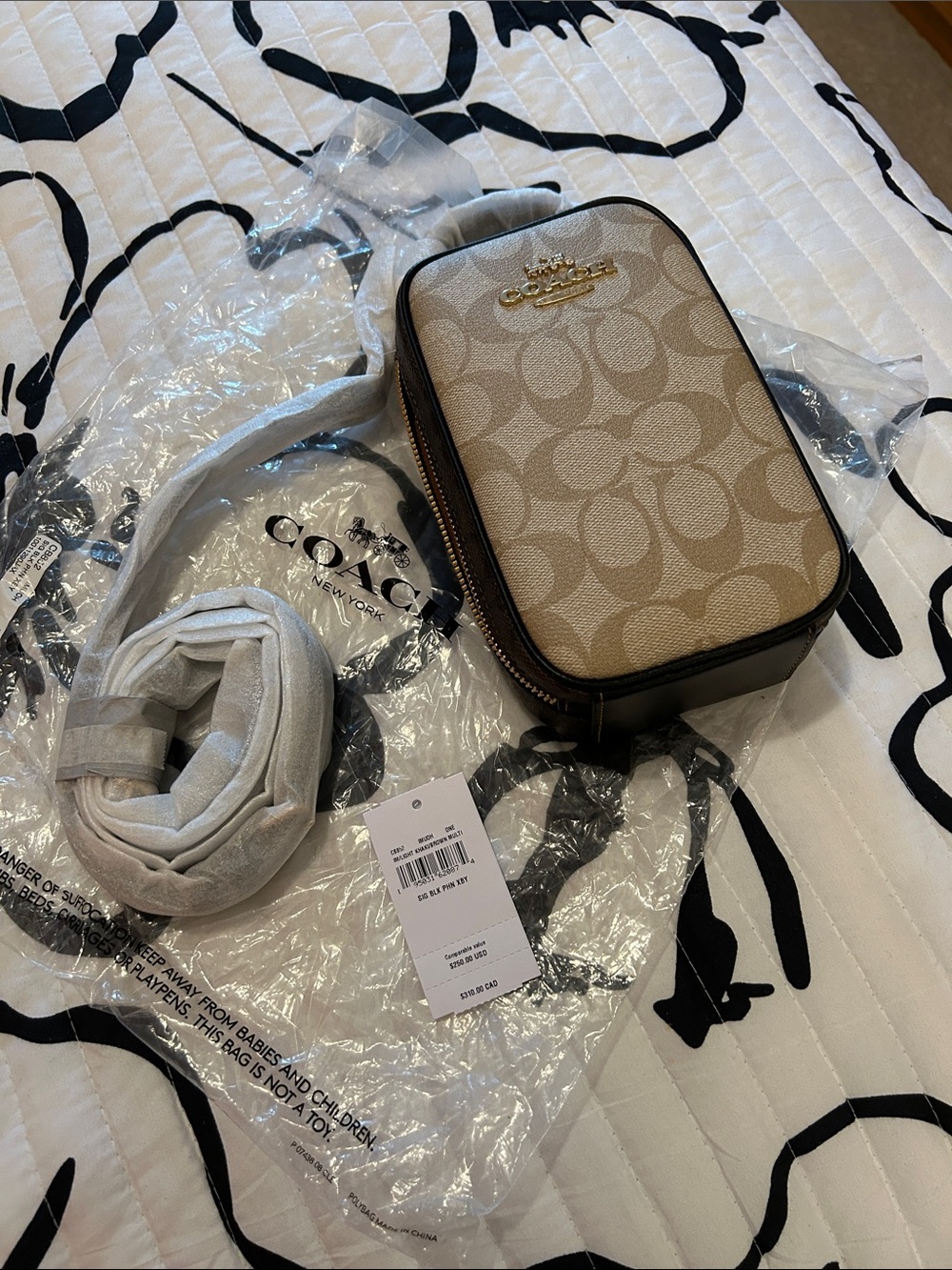 Coach Beige Signature Canvas Phone Crossbody with Chalk Trim